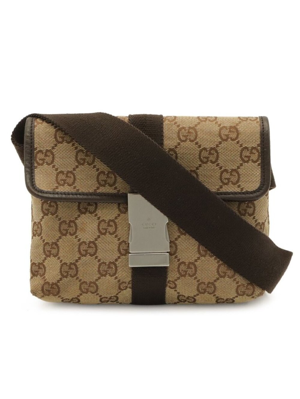 Gucci GG Canvas Belt Bag Waist Pouch Leather Beige Dark Brown Silver